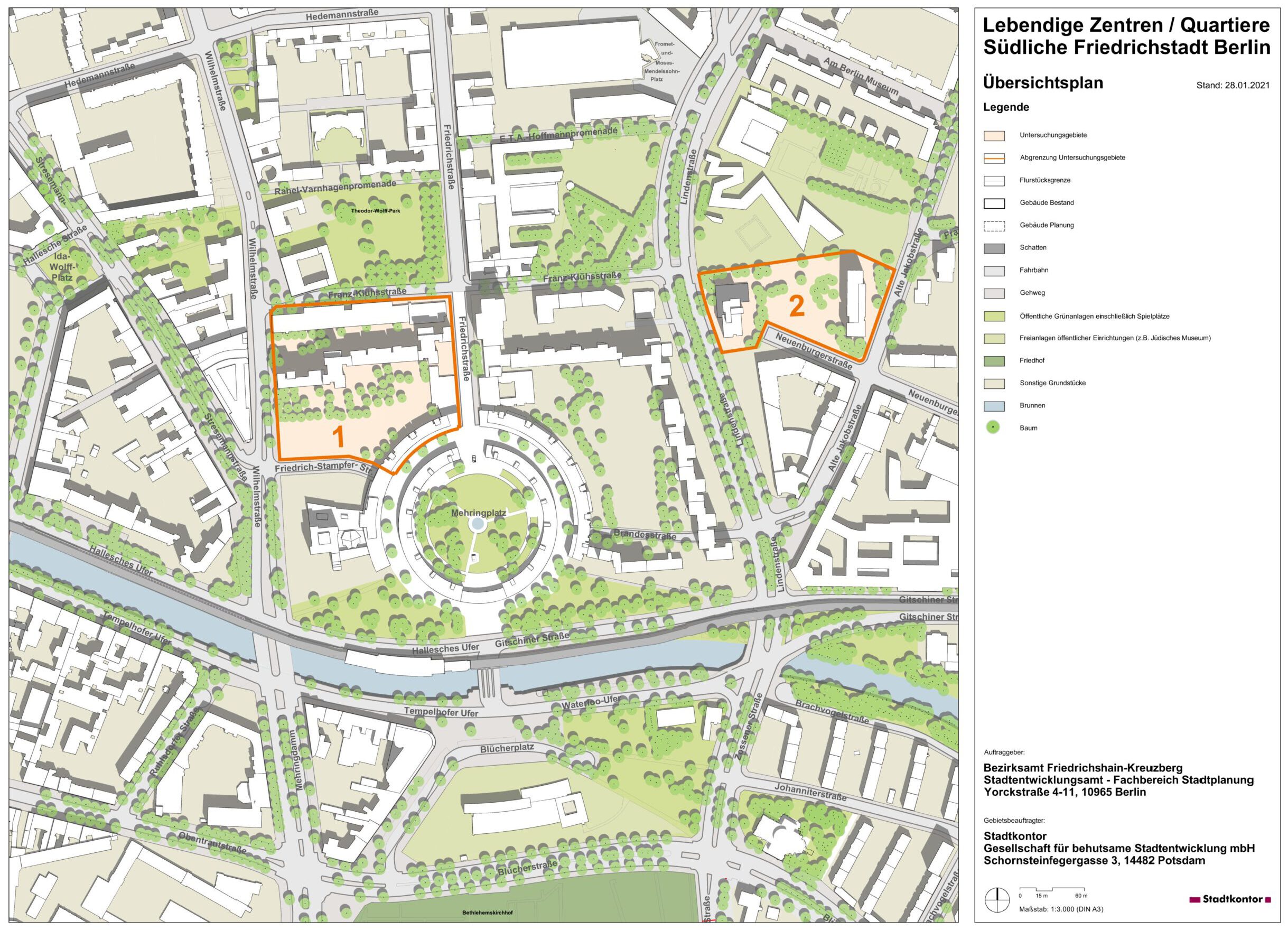 Lageplan mit Umgrenzung der Untersuchungsgebiete 1 und 2